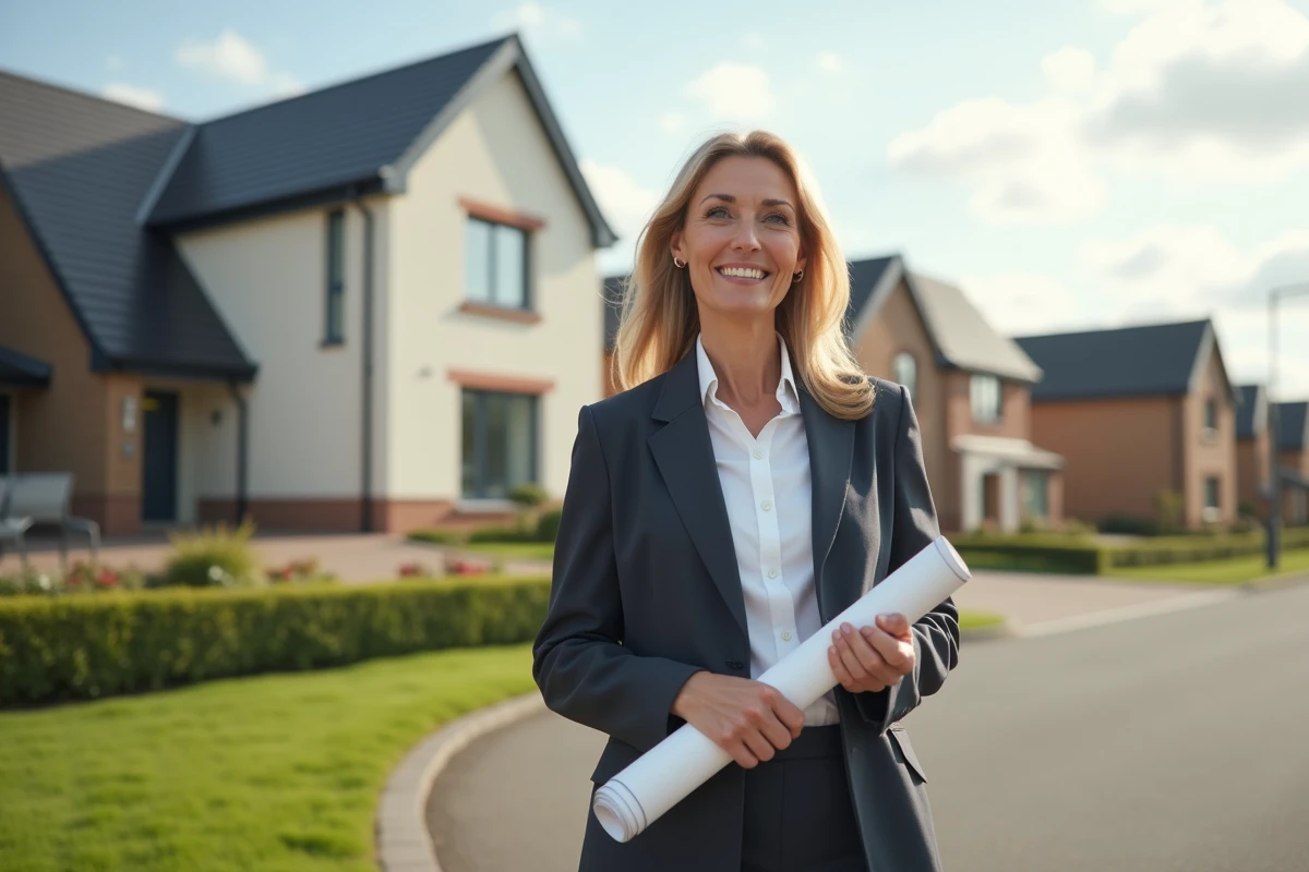 Femme souriante tenant un plan devant une maison neuve