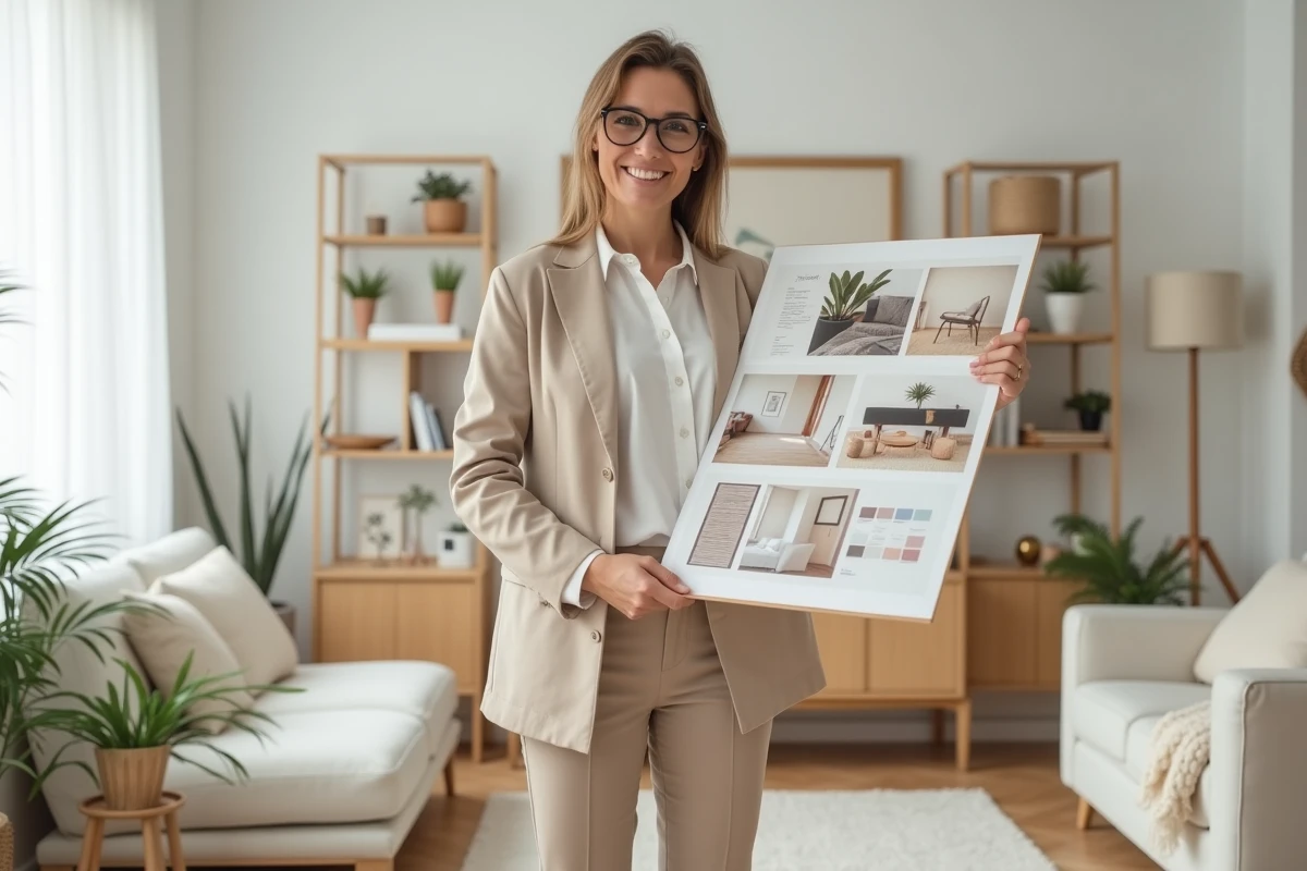 Femme tenant un moodboard de décoration intérieure dans un salon scandinave épuré et lumineux