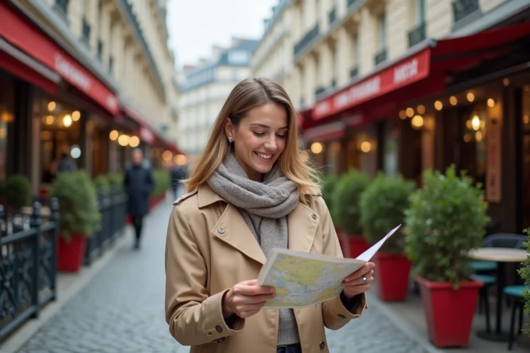 Femme souriante avec trench à Paris devant un café