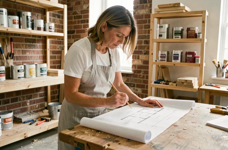 Femme consultant des plans de rénovation dans un atelier de bricolage maison avec outils et matériaux en arrière-plan