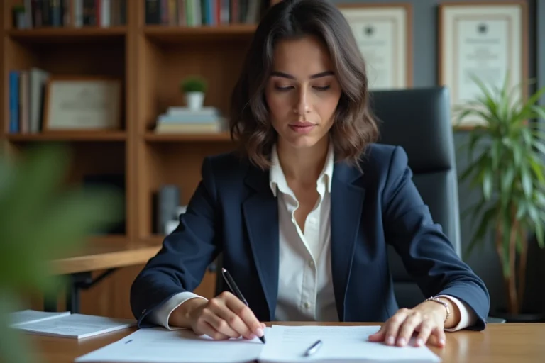 Femme en blazer navy dans un bureau moderne