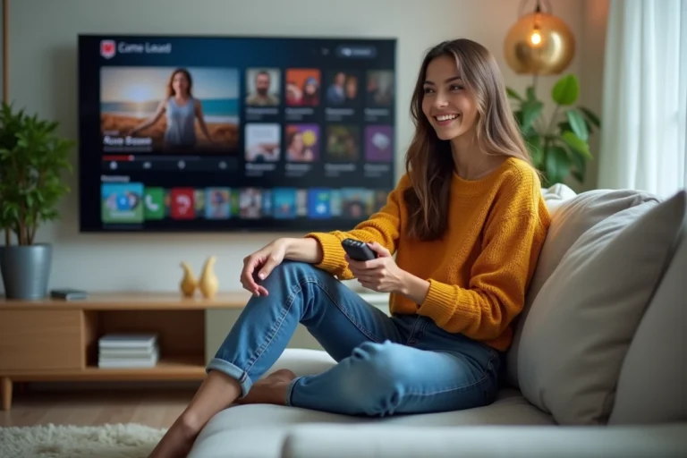 Jeune femme regardant la télévision dans un salon cosy