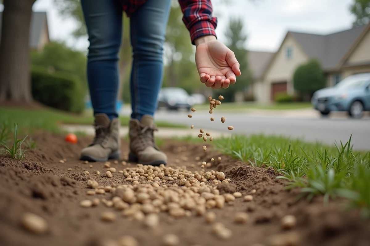 Jeune femme répand des graines dans le jardin