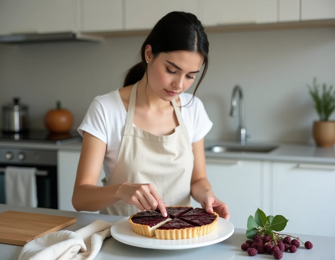 Femme préparant une tarte aux mûres du mûrier platane dans une cuisine moderne avec des fruits frais