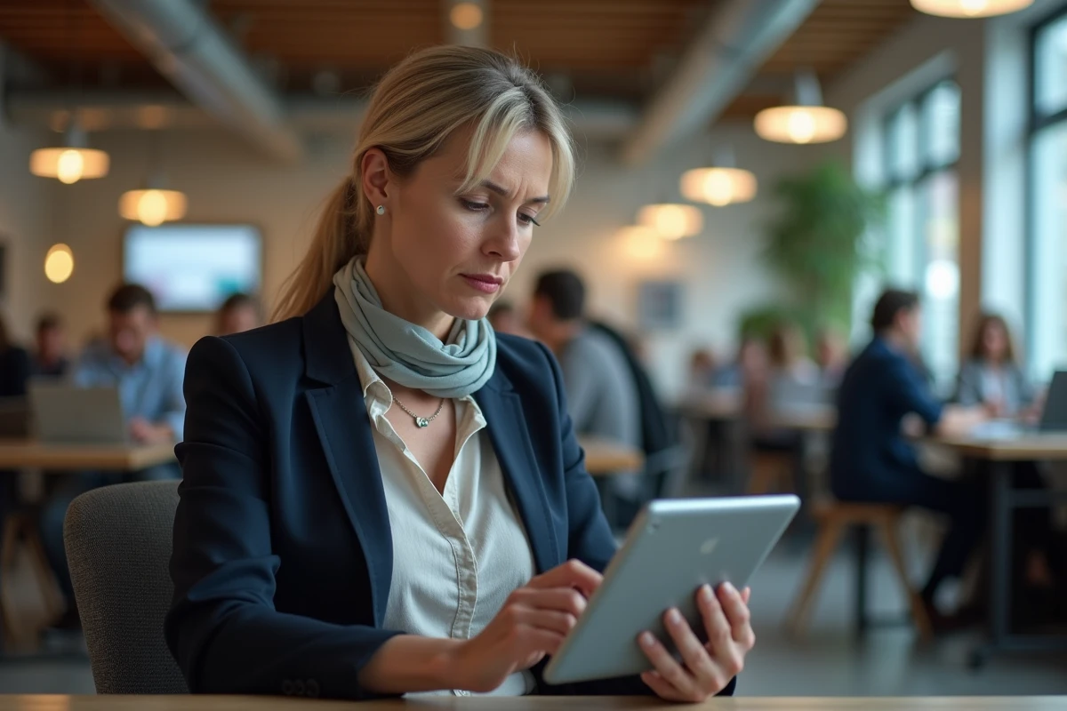 Femme d affaires regardant sa tablette dans un espace coworking