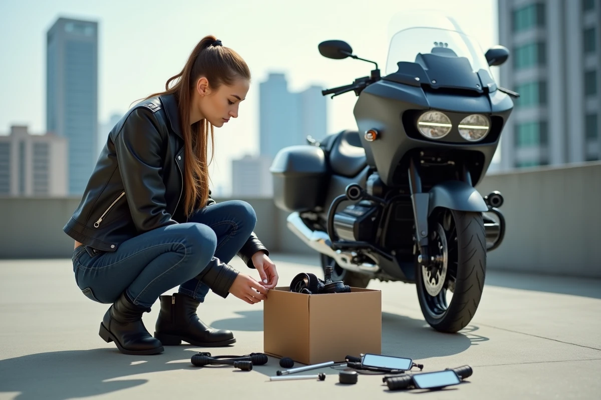 Femme examine accessoires moto devant sa moto en ville