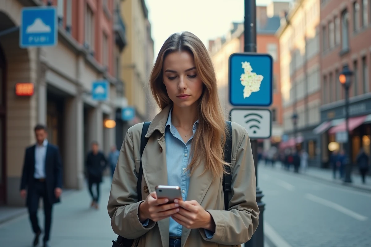 Jeune femme dehors près d un hotspot WiFi avec son téléphone