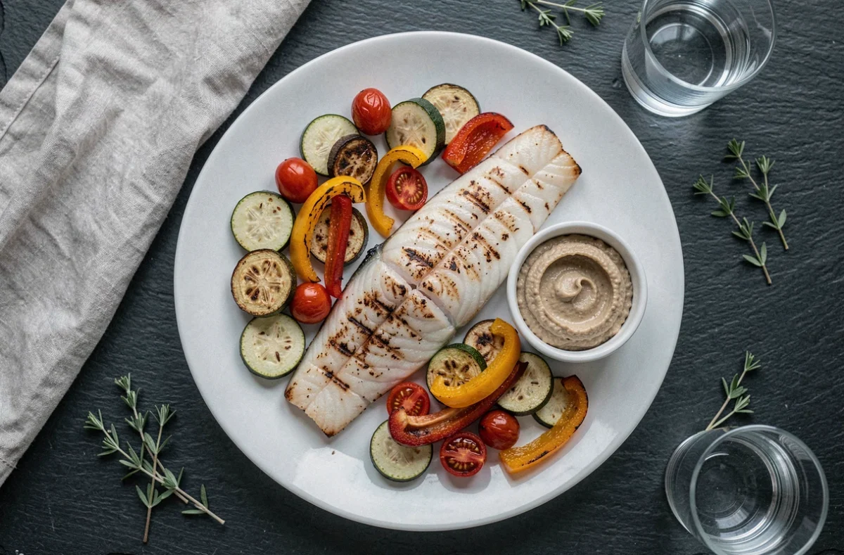 Flat lay d'un repas du soir chrononutrition avec poisson blanc, légumes rôtis et houmous sur ardoise