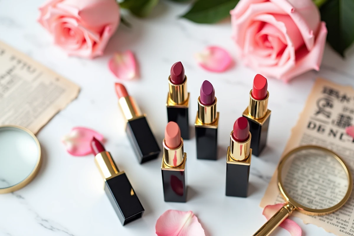 Flat lay de rouges à lèvres de luxe aux teintes variées sur marbre blanc pour article beauté