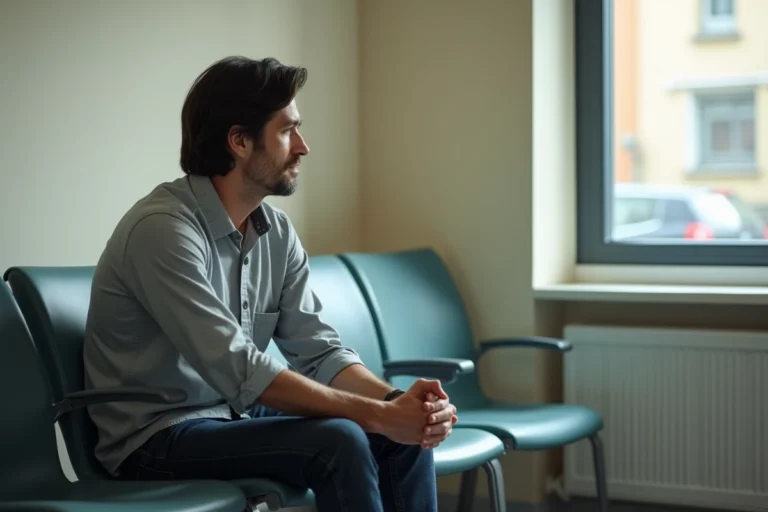 Homme d'une cinquantaine d'années assis dans une salle d'attente médicale, regard pensif, illustrant la lutte contre une maladie auto-immune