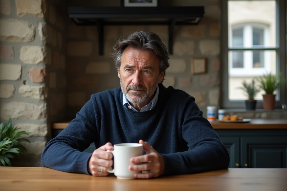 Homme en pull marine tenant une tasse dans une cuisine française, symbolisant le quotidien difficile d'une personne atteinte de maladie auto-immune