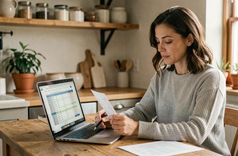 Femme gérant son budget personnel sur un ordinateur portable à table dans une cuisine moderne et chaleureuse