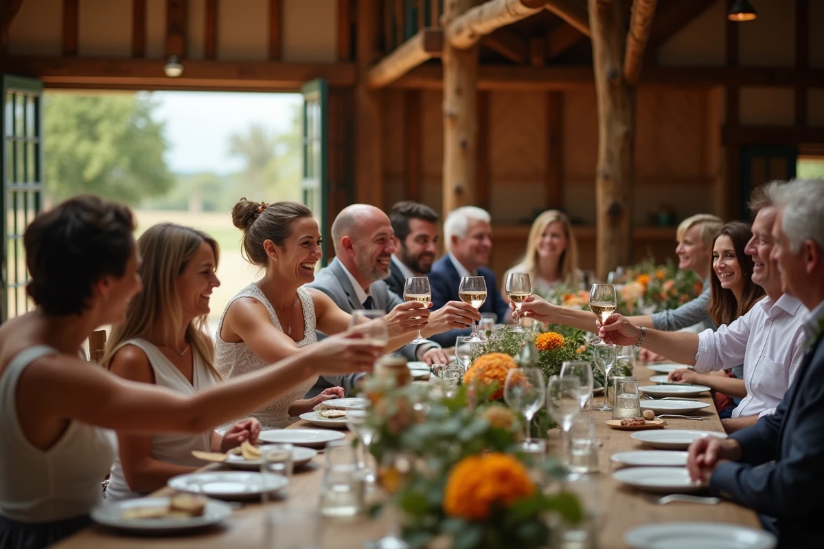 Groupe d invités lors d un repas dans une grange
