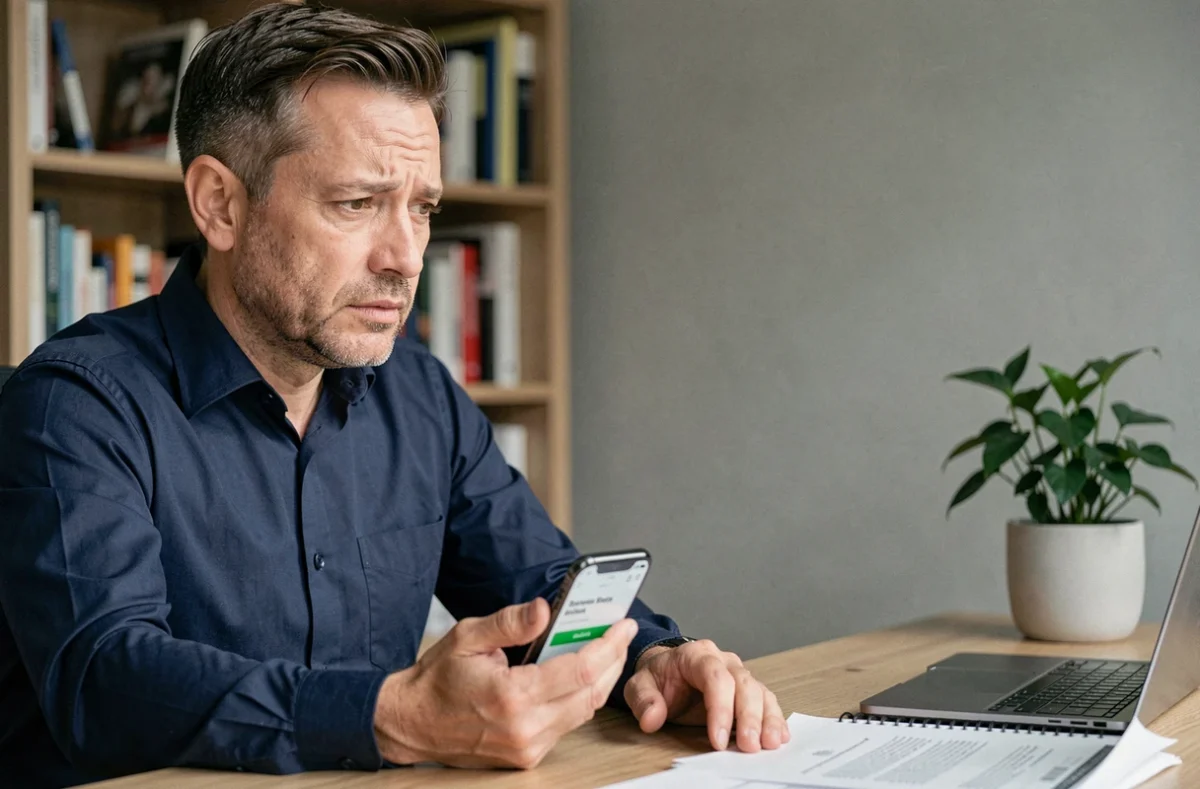 Homme consultant une application bancaire mobile pour identifier un virement débit inconnu sur son compte