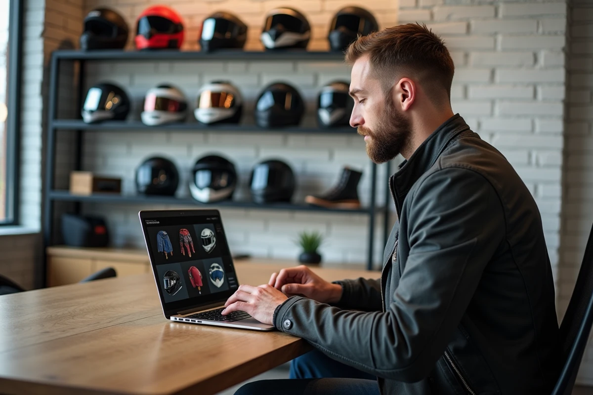 Homme en textile moto compare accessoires moto sur ordinateur