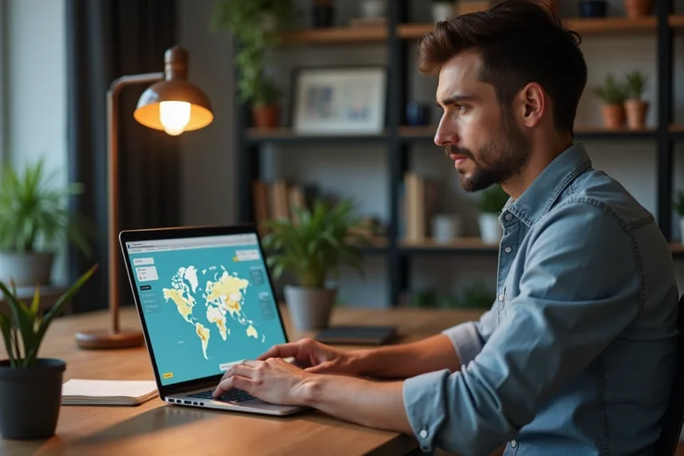 Homme en bureau moderne utilisant un ordinateur portable