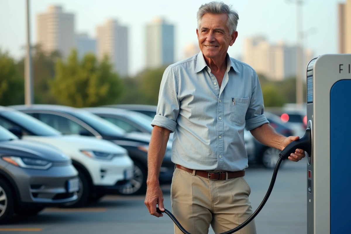 Homme branchant sa voiture électrique dans une station de recharge