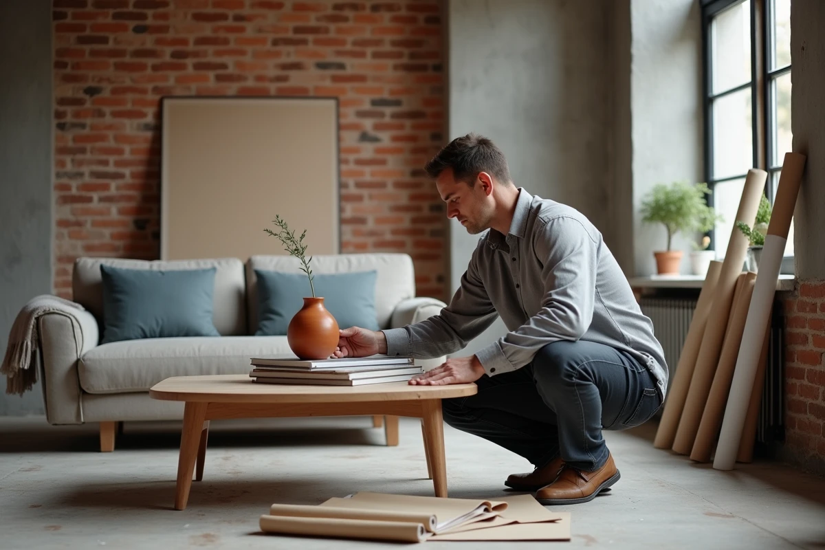 Homme arrangeant des objets décoratifs dans un intérieur en cours de rénovation au style industriel