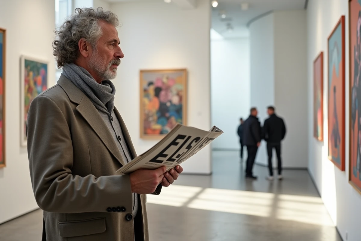 Homme contemplant une peinture abstraite dans une galerie lumineuse