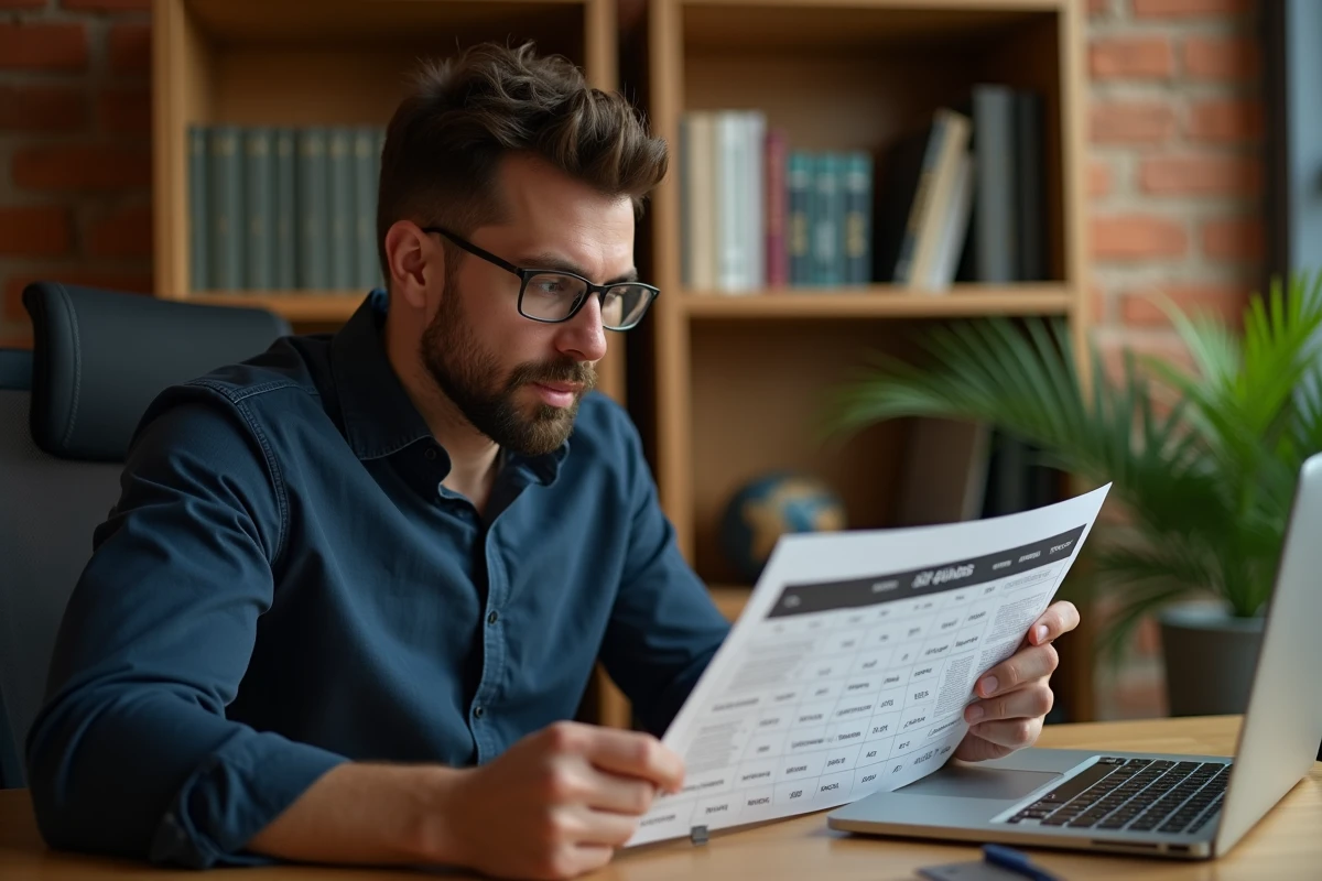 Homme consultant un guide des tailles vêtements à son bureau pour comprendre la différence entre M et L