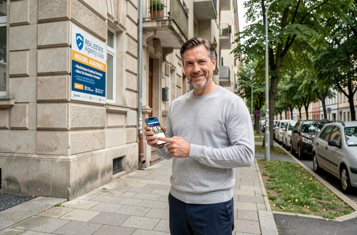 Homme devant un immeuble résidentiel consultant une application d'annonces immobilières sur son smartphone