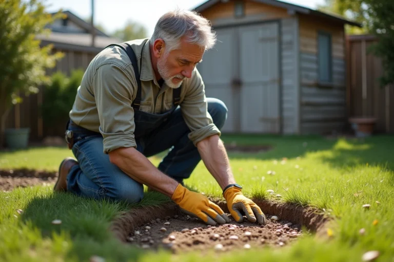 Homme d'âge moyen examine des graines sur la pelouse