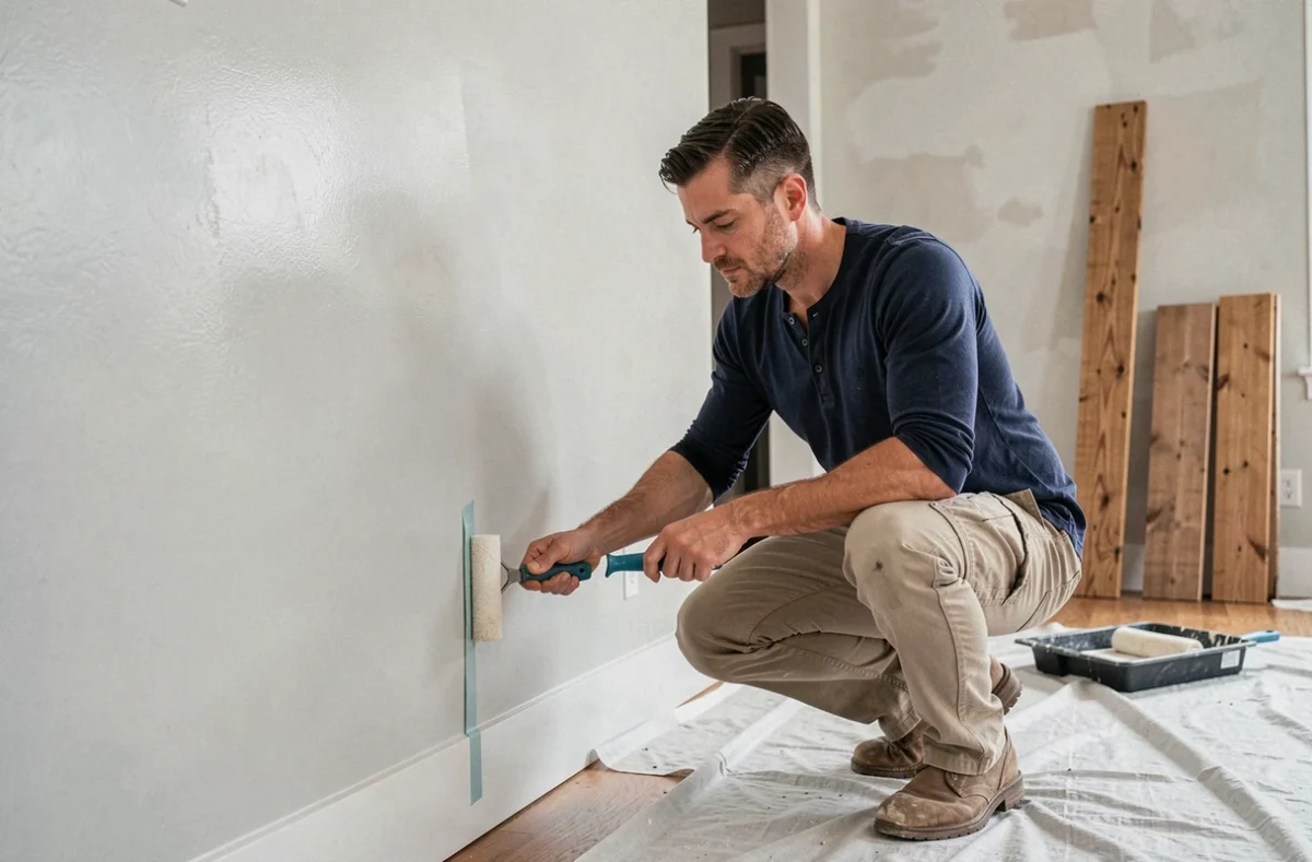 Homme appliquant du ruban de masquage sur un mur en cours de peinture lors d'un projet de rénovation intérieure