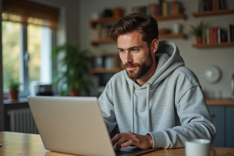 Homme en détente travaillant sur son ordinateur à la maison