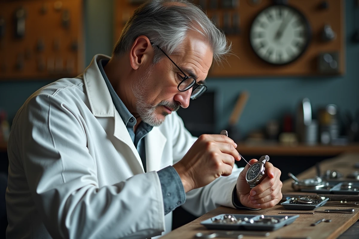 Horloger professionnel examinant le fond de boîte d'une montre Orient pour en vérifier l'authenticité