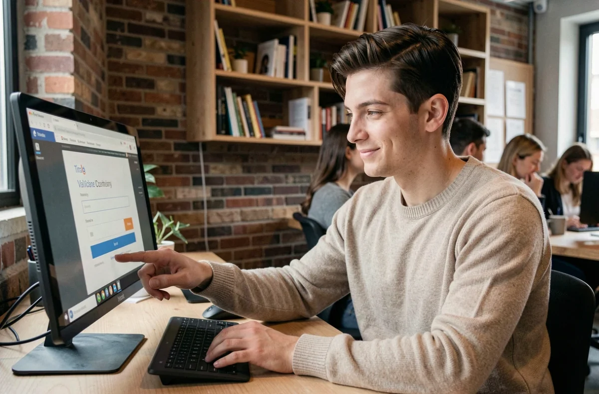 Jeune salarié finalisant l'inscription à son espace personnel MyPrimobox dans un espace de coworking