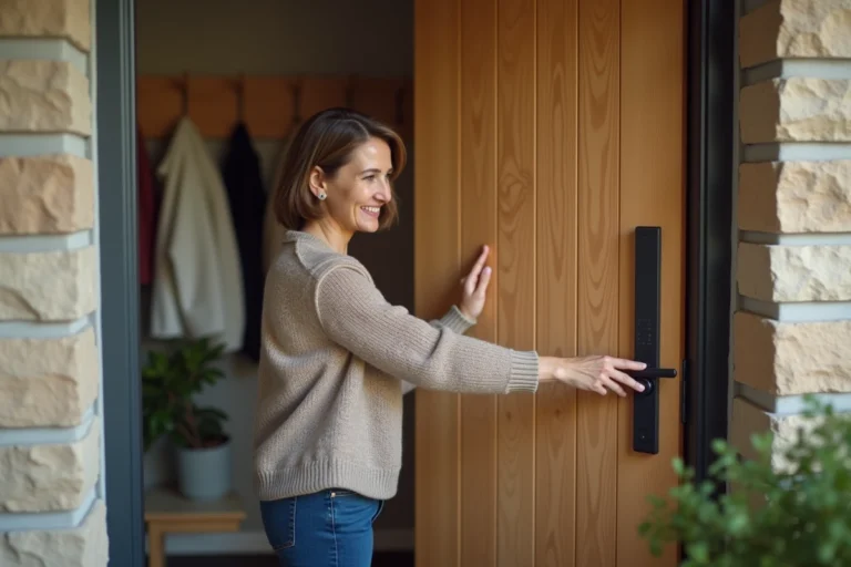 Femme installant une serrure connectee sur une porte moderne