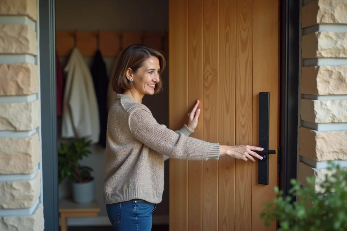 Femme installant une serrure connectee sur une porte moderne