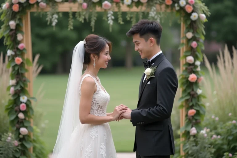 Jeune couple en mariage en extérieur souriant