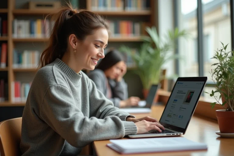 Jeune étudiante souriante à la bibliothèque universitaire