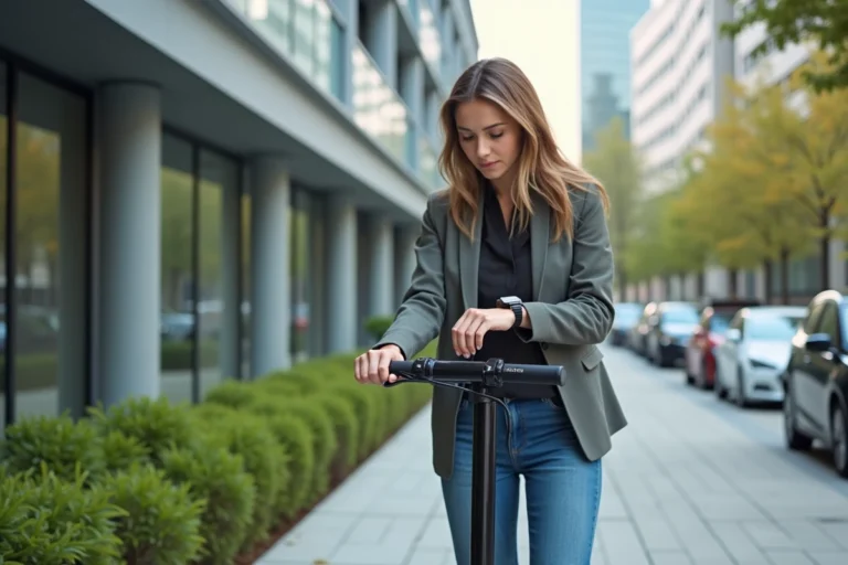 Jeune femme en scooter électrique dans la ville moderne