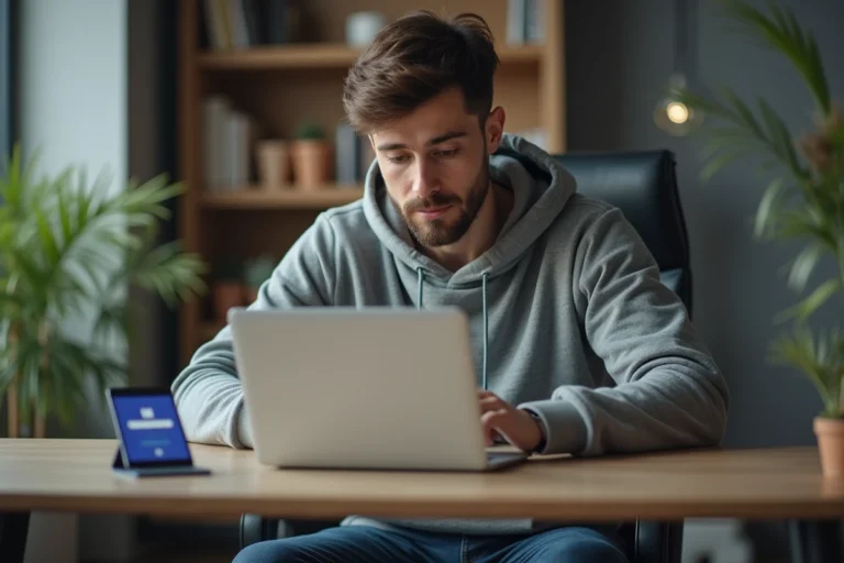 Jeune homme concentré sur son ordinateur portable à la maison