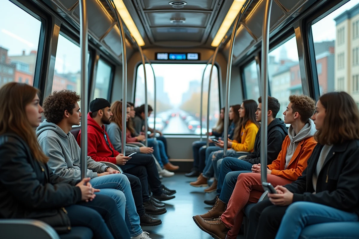 Jeunes en streetwear relaxant dans un transport autonome en ville durable