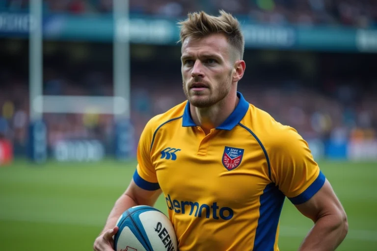 Joueur de rugby de l'ASM Clermont tenant un ballon lors d'un match au stade, illustrant les rumeurs de transferts de la saison