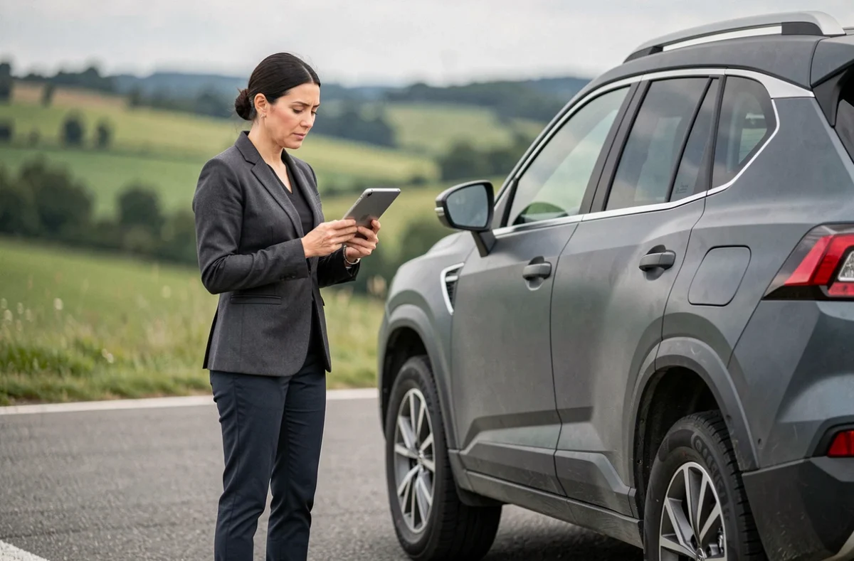 Journaliste automobile féminine analysant un SUV hybride sur une piste d'essai en plein air avec campagne en arrière-plan