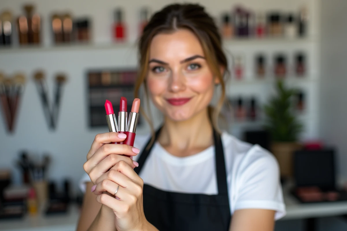 Maquilleuse professionnelle tenant plusieurs rouges à lèvres ouverts dans un studio de beauté moderne