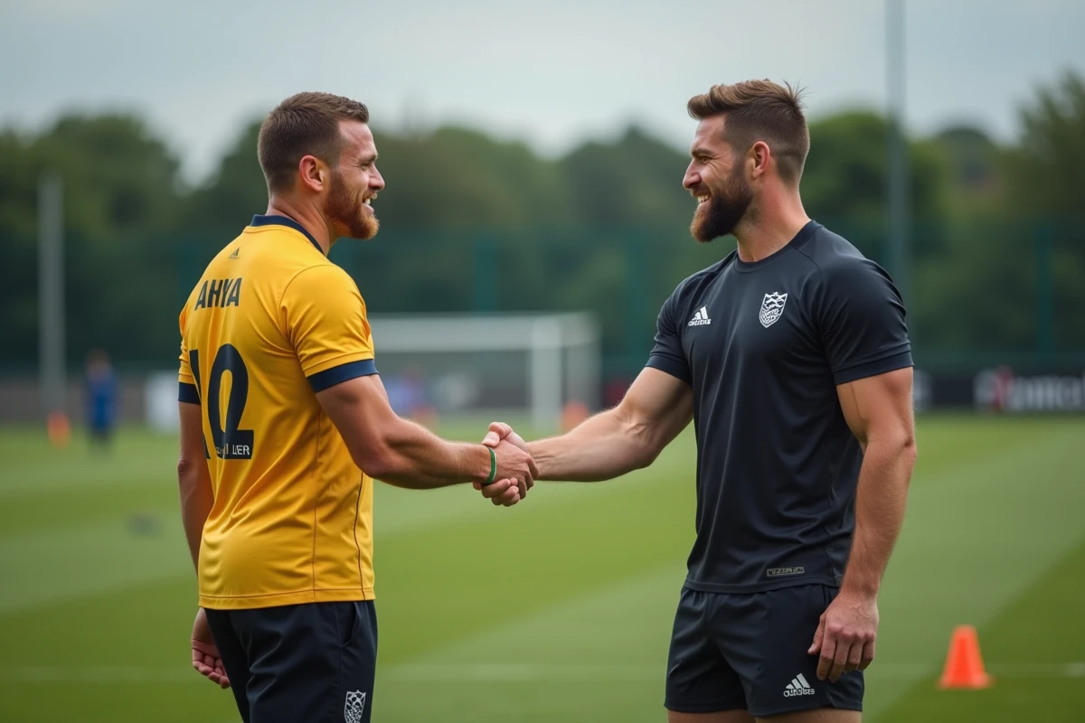 Deux joueurs de rugby échangeant une poignée de main lors d'une session d'entraînement, symbolisant une négociation de transfert à l'ASM Clermont