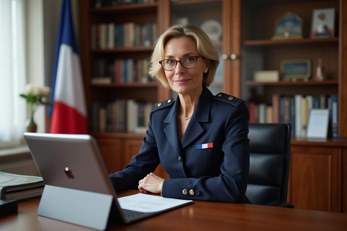 Officier civil en mairie avec drapeau français et documents