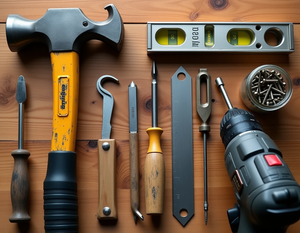 Collection d'outils de bricolage posés sur un établi en bois usé, incluant marteau, tournevis, niveau à bulle et perceuse