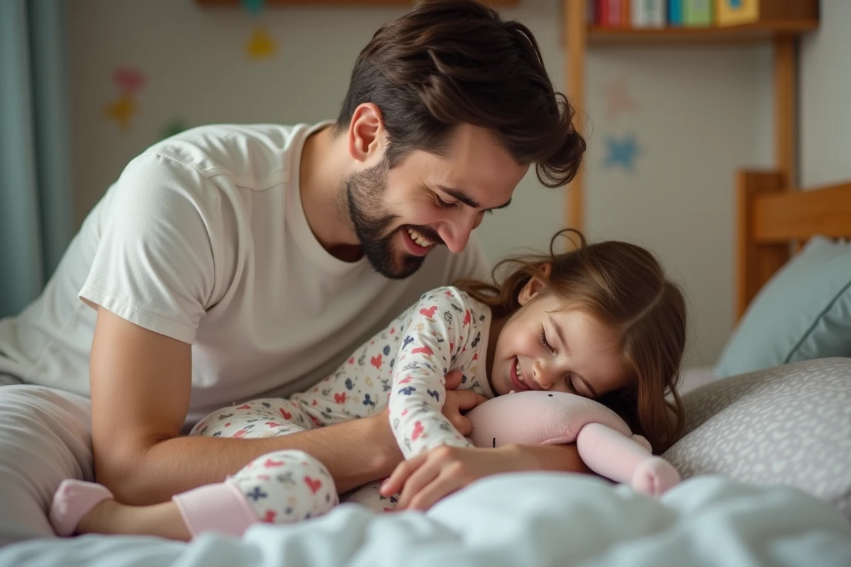Père en t-shirt doux berçant sa fille avec peluche dans chambre moderne