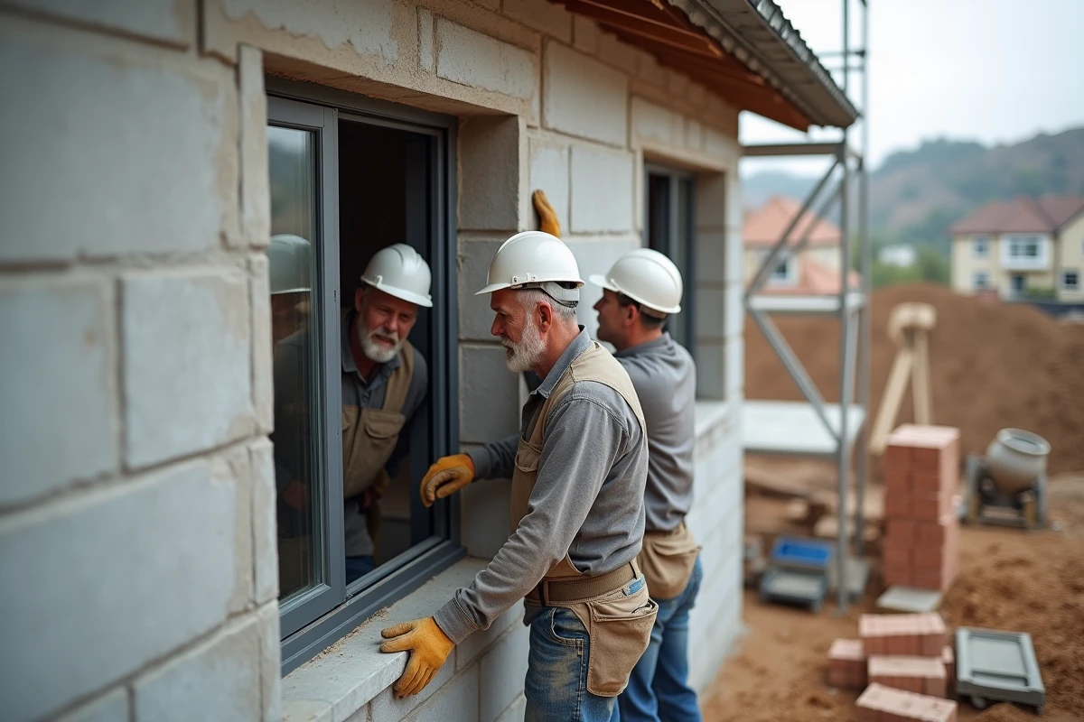 Ouvriers posant une fenêtre à triple vitrage sur une maison neuve conforme aux normes thermiques de construction 2024