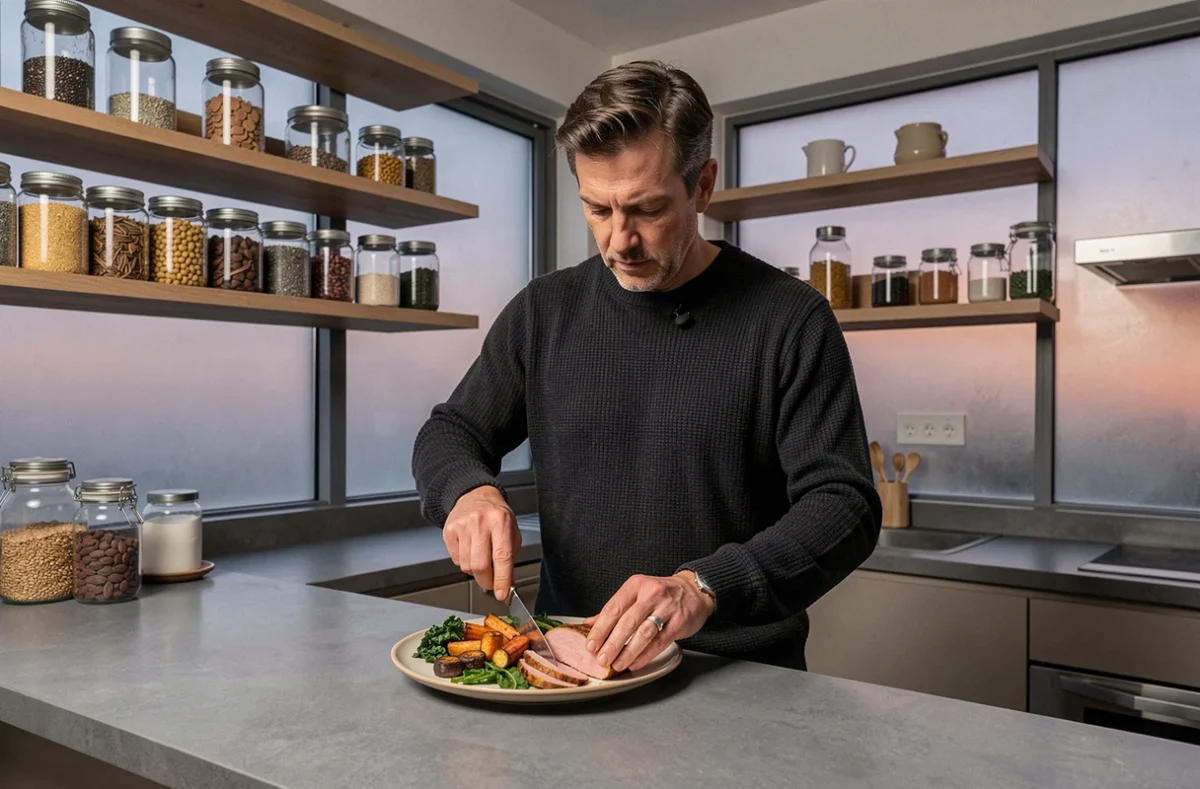 Homme préparant un dîner chrononutrition avec dinde, légumes rôtis et verdure dans une cuisine moderne