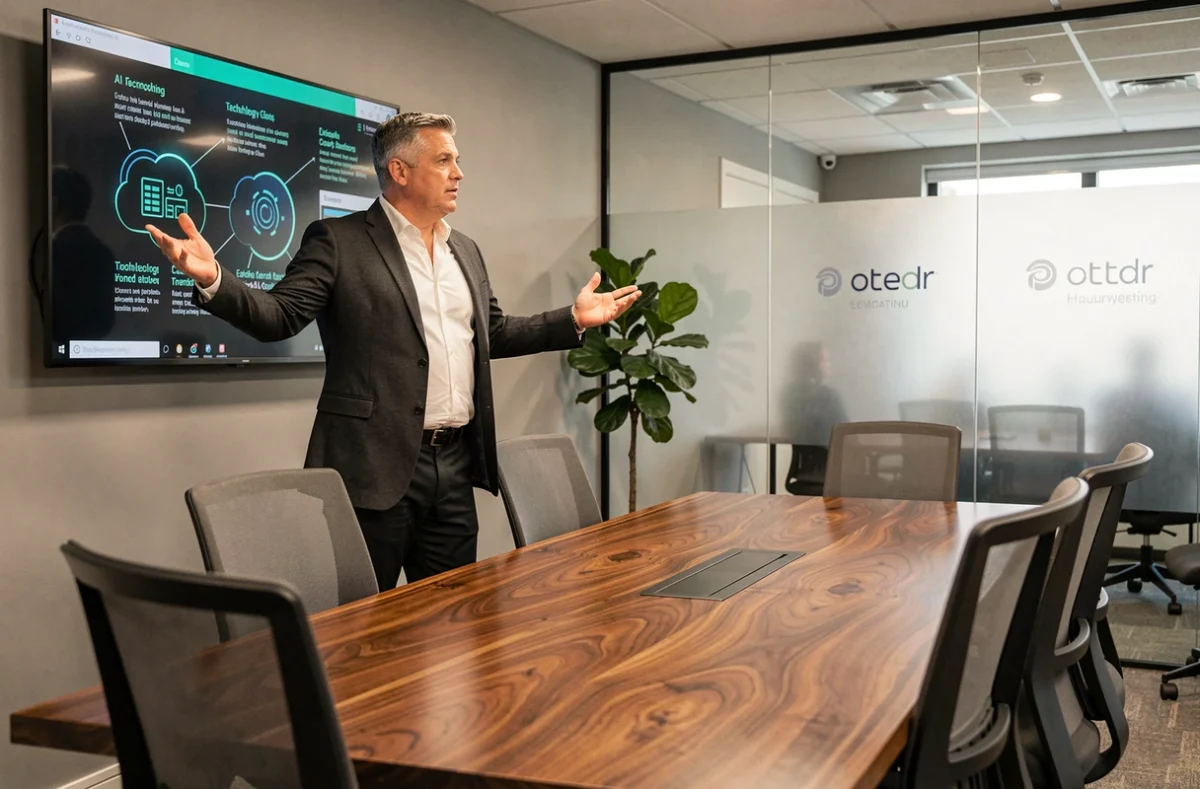 Professionnel présentant des tendances technologiques et innovations informatiques lors d'une réunion en salle de conférence