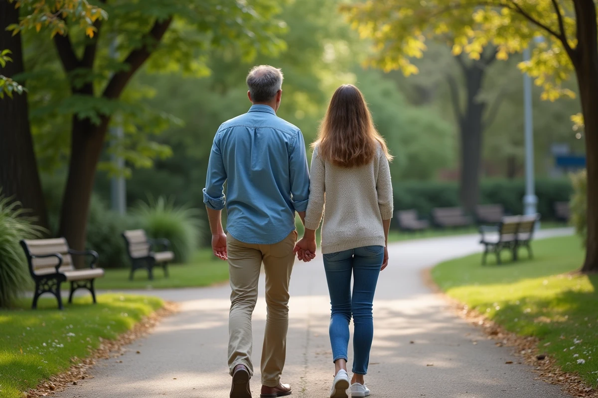 Couple marchant main dans la main dans un parc urbain verdoyant