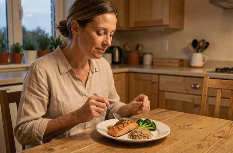 Femme mangeant un repas équilibré le soir dans le cadre de la chrononutrition avec saumon, légumes et riz complet