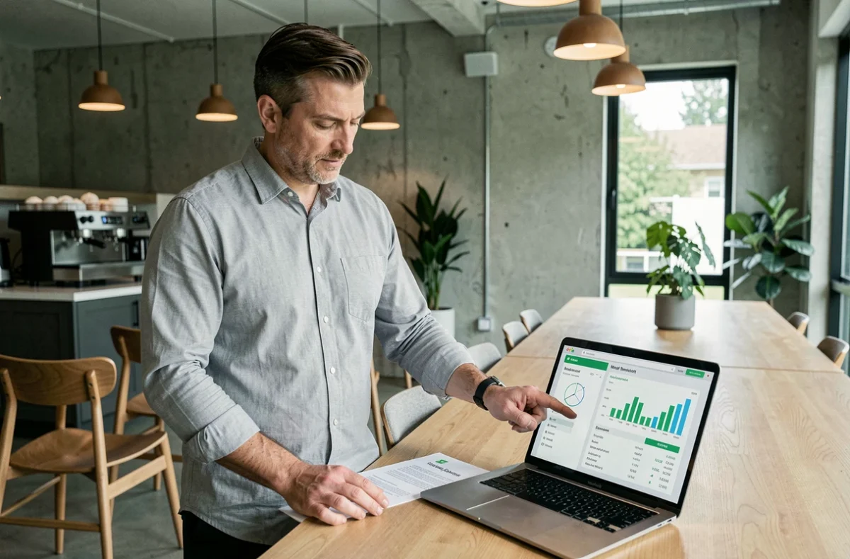 Responsable RH analysant un tableau de bord de gestion des avantages repas salariés sur ordinateur portable
